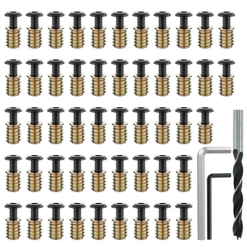 

A04G-For Wood, Furniture Screw Kit 50 Sets 1/4-20 X 19/32" Threaded Insert And Bolt Hex Socket Drive Assorted Nuts