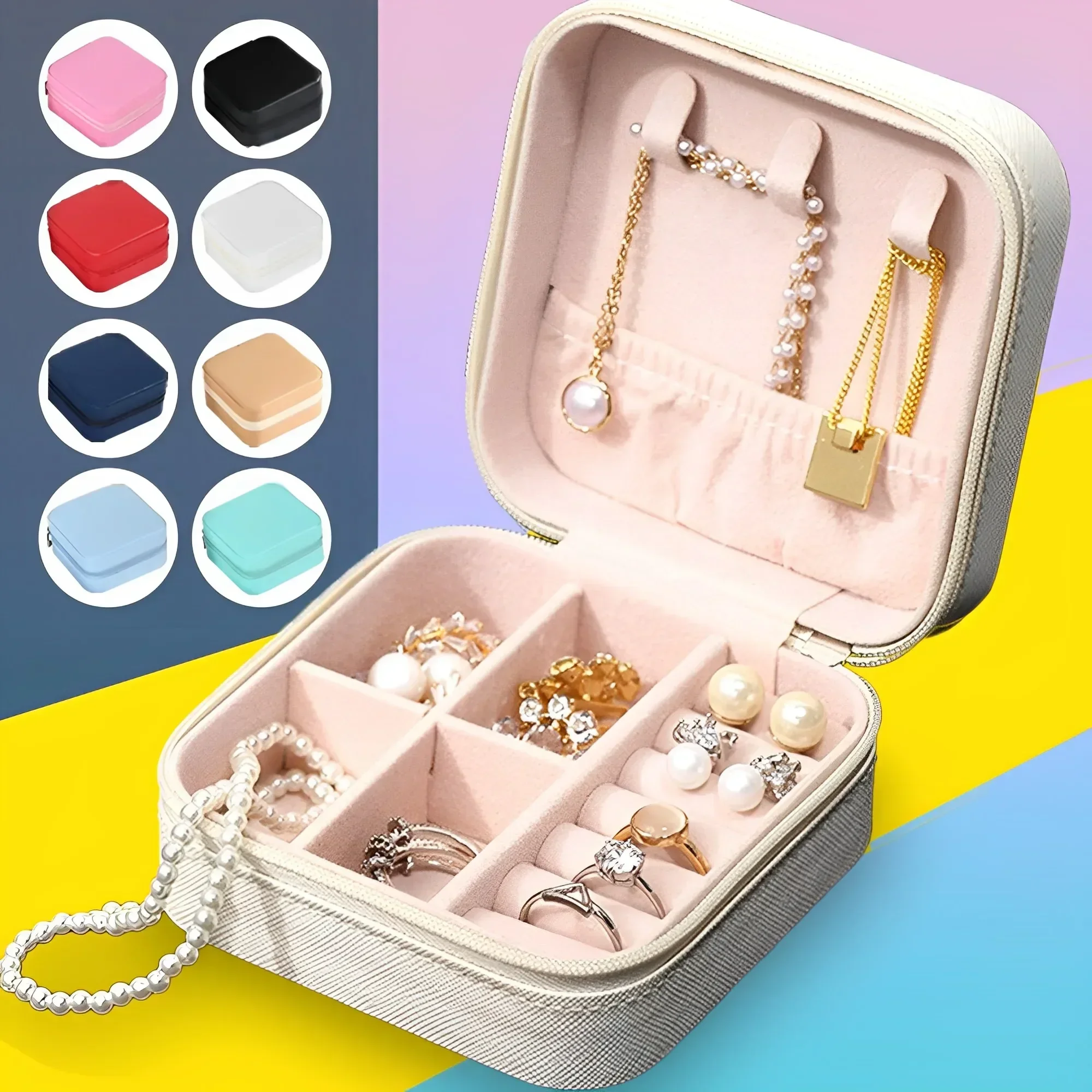 Mini caja de almacenamiento de joyas portátil, organizador de viaje, estuche de joyería, almacenamiento de cuero, pendientes, collar, anillo,