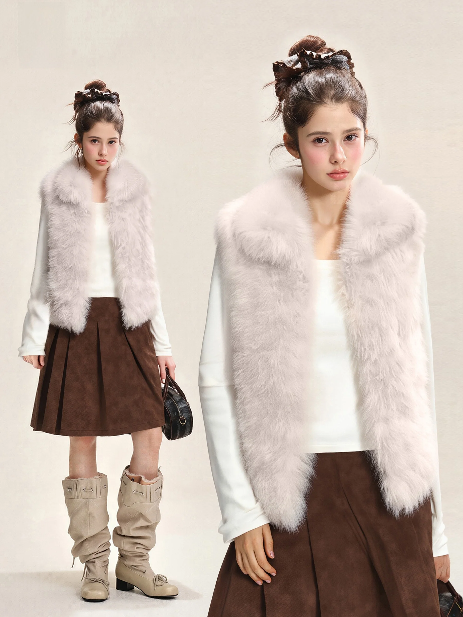 November Lazy Feel Collarless Fur Vest Sleeveless Top Women Winter Casual Loose Warmth Leather Muffler V-neck Regular Length