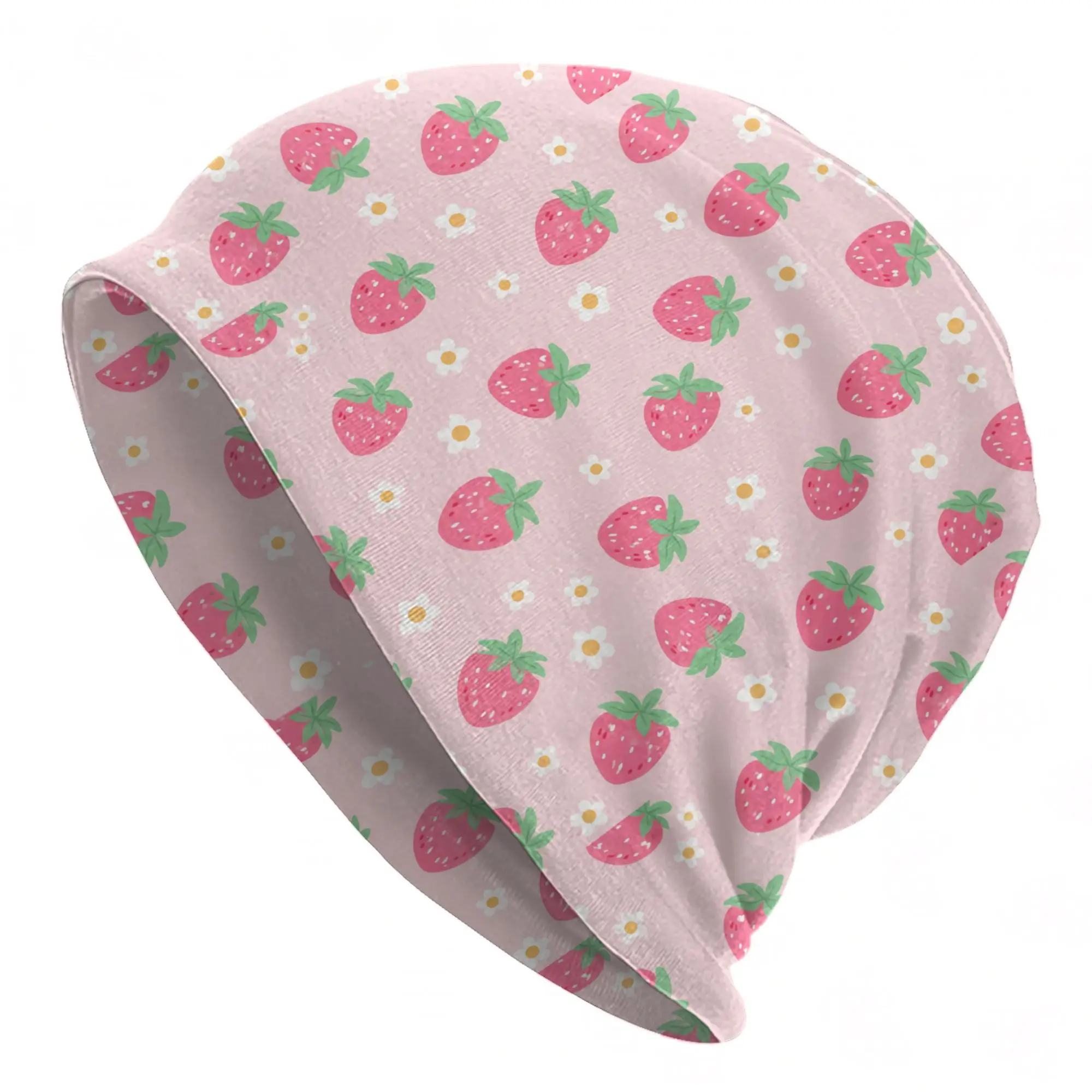 Strawberry Daisy Floral Summer Cute Pink Skullies Beanies Hats  Summer Unisex Outdoor Cap Warm Dual-use Bonnet Hat