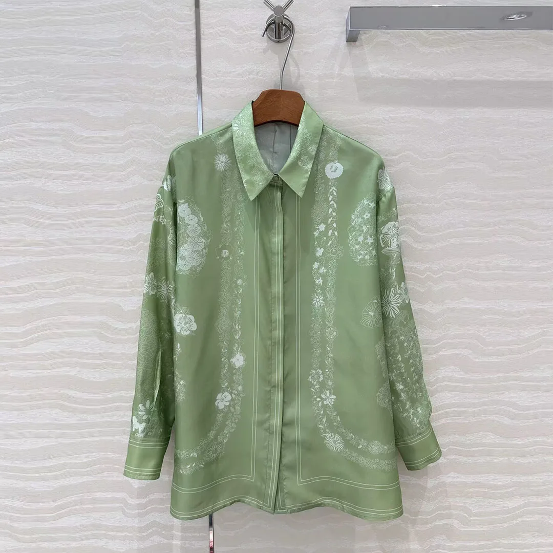 2025 nova primavera retro 100% camisa de seda topos feminino lapela manga longa único breasted floral impressão verde blusas vintage