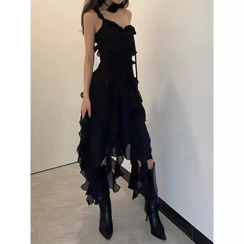 Retro Spice Black Halter Dress Temperament Thin Premium Feeling Ruffle Diablo Style Summer New 2024