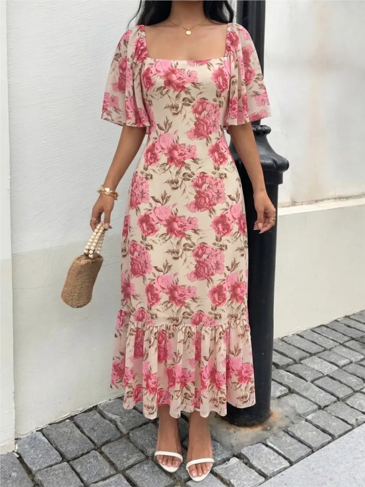 

Elegant Long Dress Square Neck Leaf Sleeve Women's Dress 2026 Spring Summer New Season Suitable For Beach Wear And Resort Wear