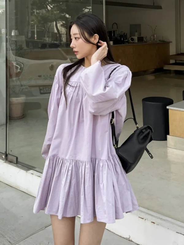 

2024 Spring And Autumn New Korean Loose Long Sleeved Elegance Leisure Versatile Dress Solid Color Advanced Sense LTD0