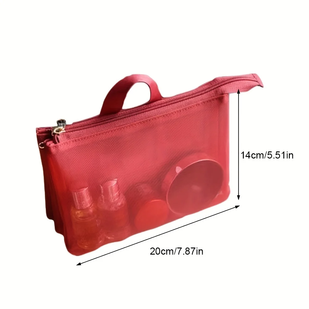 3층 대용량 메쉬 투명 화장품 가방, 가벼운 여행용 립스틱 및 세면용품 보관 가방, 내구성이 뛰어난 폴리에스테르, 방수되지 않음, 지퍼 잠금 장치