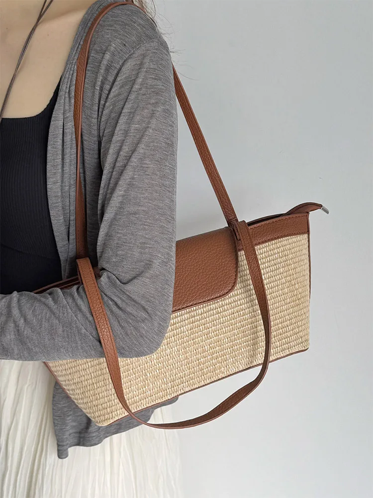 

Ladies Color-Block Woven Straw Tote Bag, Handmade Crochet Shoulder Purse, Retro Summer Beach Basket