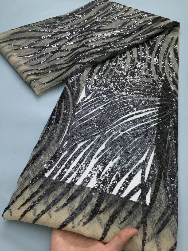 Blue African Sequins Lace Fabric High Quality 5 Yards Embroidered Tulle French Nigerian Mesh Lace Fabric Wedding Dress TY4340