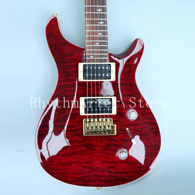 High quality electric guitar, dark red floral finish, rosewood fingerboard, gold hardware, vibrato system, 2 pickups