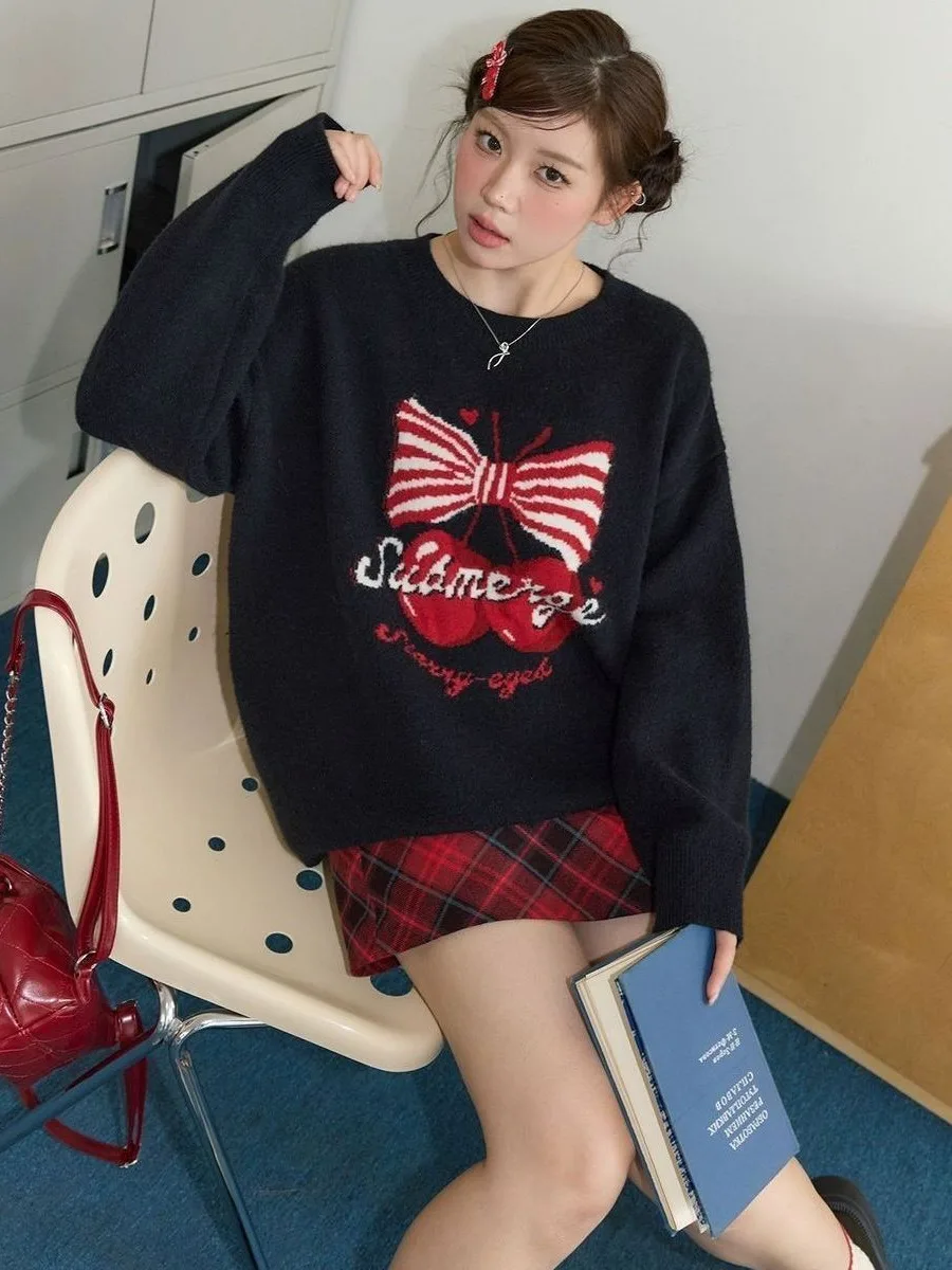 Bow Cherry Knitted Sweater Women Xmas Autumn Winter Warm Long Sleeve Casual Loose Pullover Top