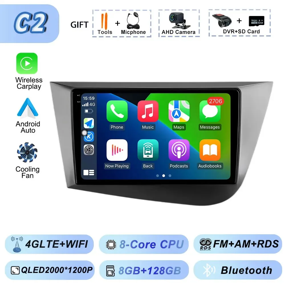 Draadloze Carplay Android 15 voor Seat Leon 2 2005-2012 Multimedia Video Player Wifi Autoradio Navigatie GPS Stereo Android auto