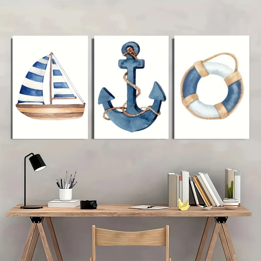 2D Flat, 2D Flat, 3pcs Nautical Canvas Art Set - Watercolor Sailboat, Anchor, And Life Ring Decorative Paintings, Ideal for H