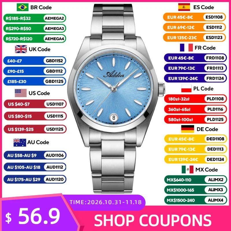 ADDIES AW25907 Women’s Luxury Quartz Watch Sapphire Glass 316L Stainless Steel Date Display Luminous 50M Waterproof Ladies Watch