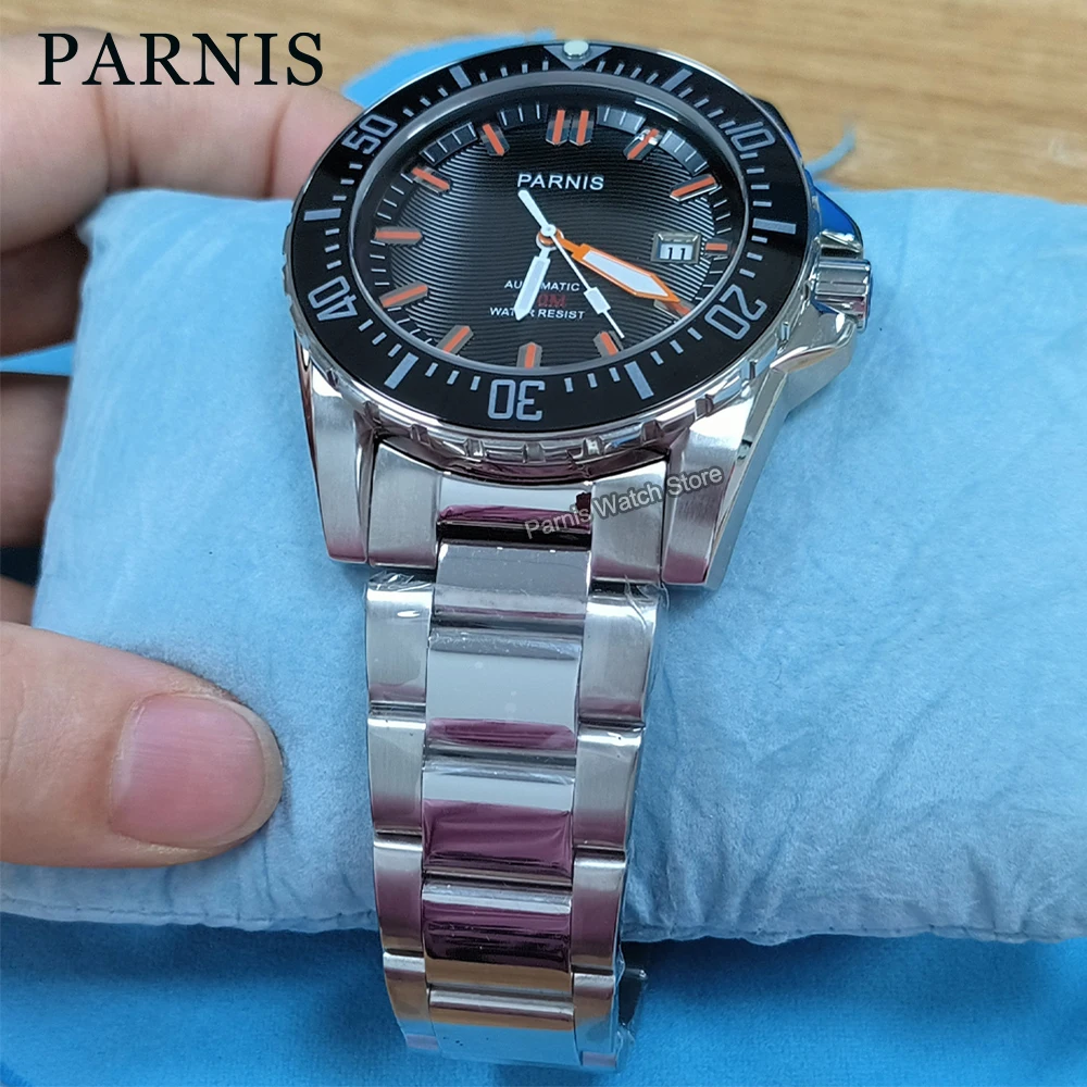 

Автоматические мужские часы Parnis с сапфировым стеклом, 43 мм, маленькие тяжелые часы, водонепроницаемые 20 бар, дисплей даты, черный вращающийся безель