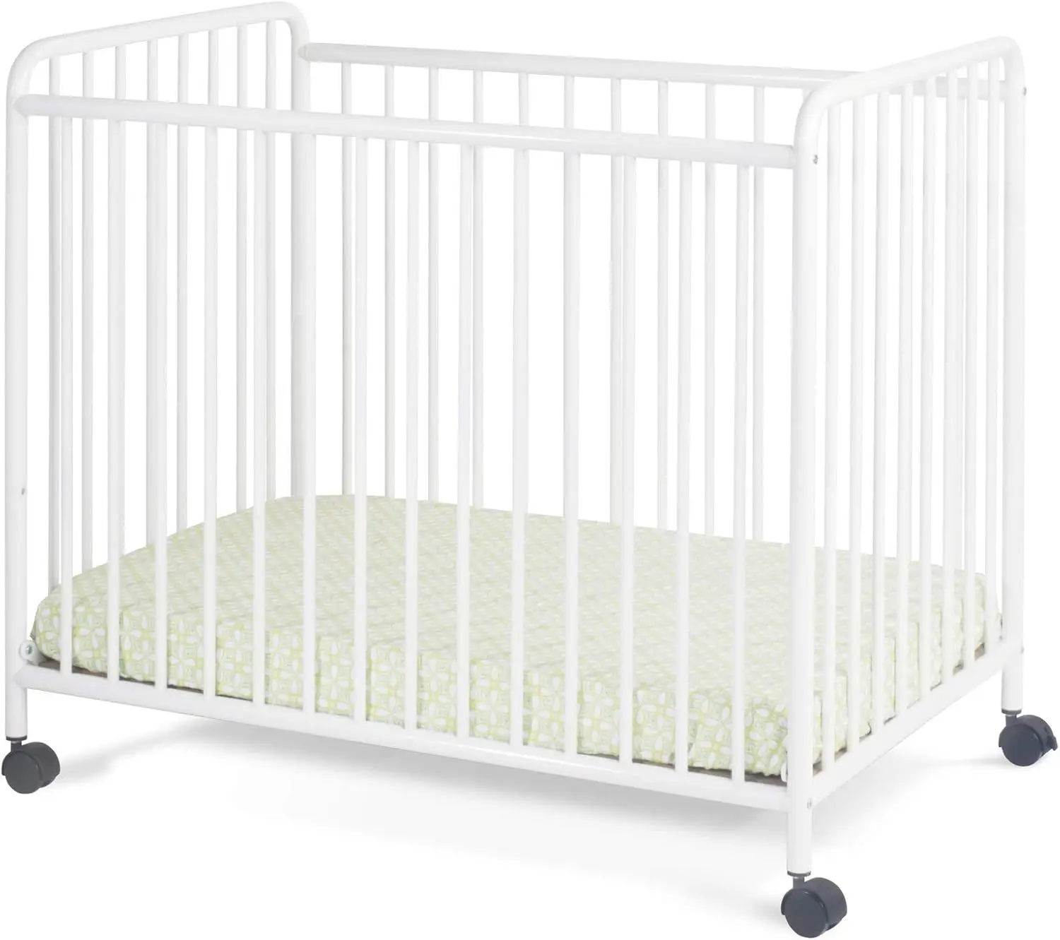 Child Craft Siesta Metal Compact Non-Folding Portable Crib with 2” Crib Mattress and Locking Wheels, Durable Metal Construction,