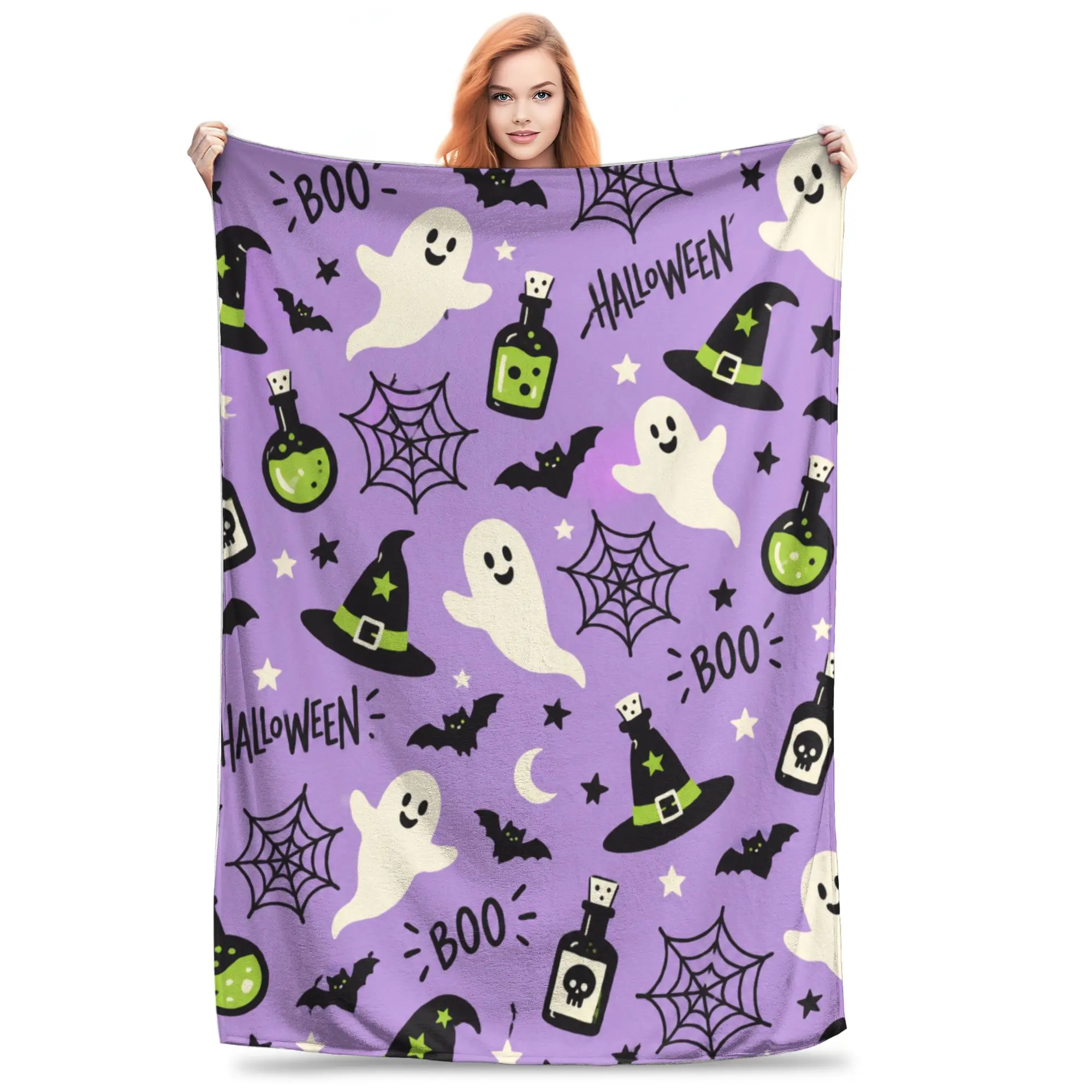 1PC Purple Halloween items collage  Blanket Throw Super Cosy Plush Living Room Sofa