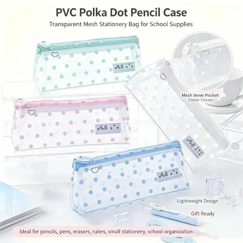 Portable Detachable PVC Stationery Pouch Clear Polka Dot Multi‑Purpose Storage Bag Pencil Case For Student Daily Study Supplies