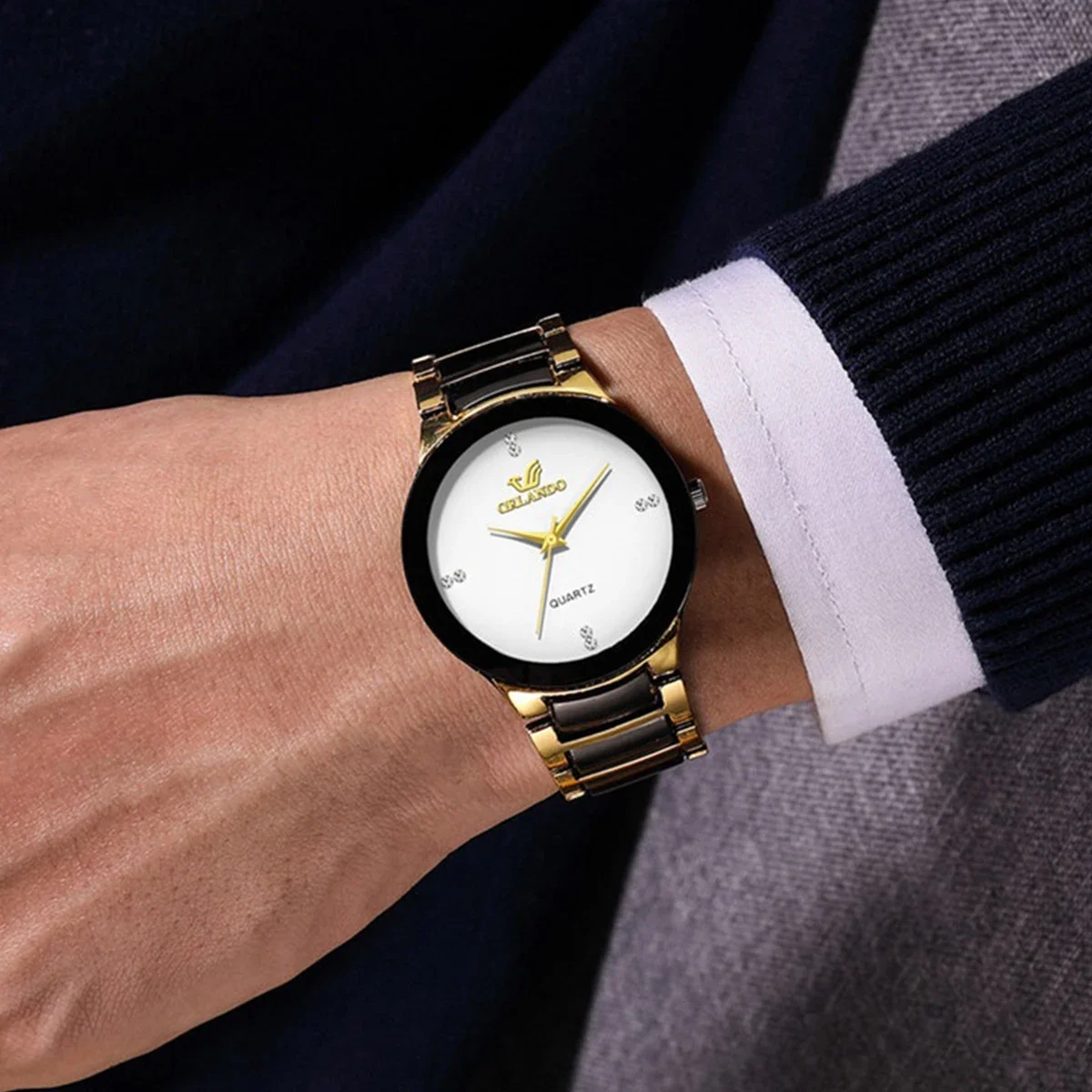 1/3PCS Men's Business Fashion Steel Strap Watch Two tone Strap Gold Dot Diamond Simple Men's Steel Watch