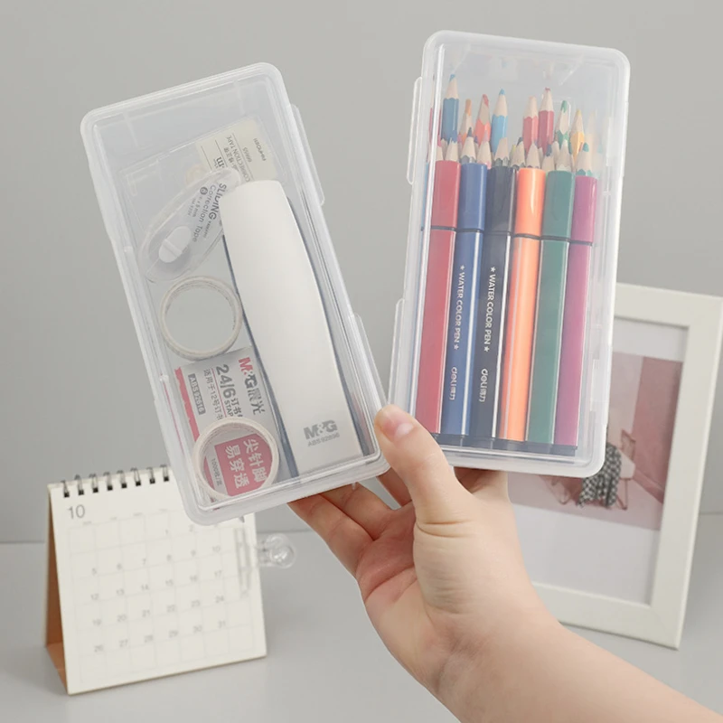 Simple Plastic Pencil Cases Transparent Square Storage Box Student Pen Pencil Holder Practical Stationery Cases