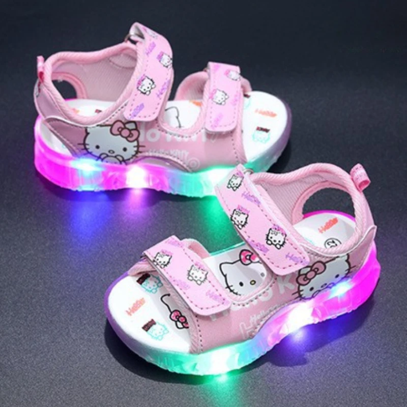 2024 Summer New Baby Led Light Girls Sandals Cute Hello Kitty Children\'s Casual Shoes Anti-slip Kids Beach Shoes Outdoor Shoes