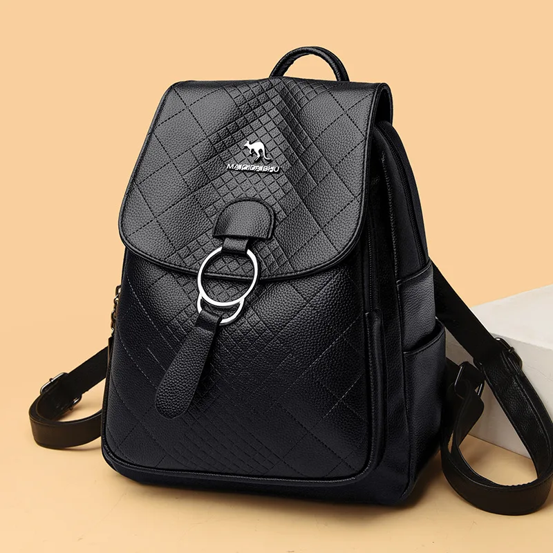Women's PU leather simple student school bag clamshell multi-pocket light travel small backpack women