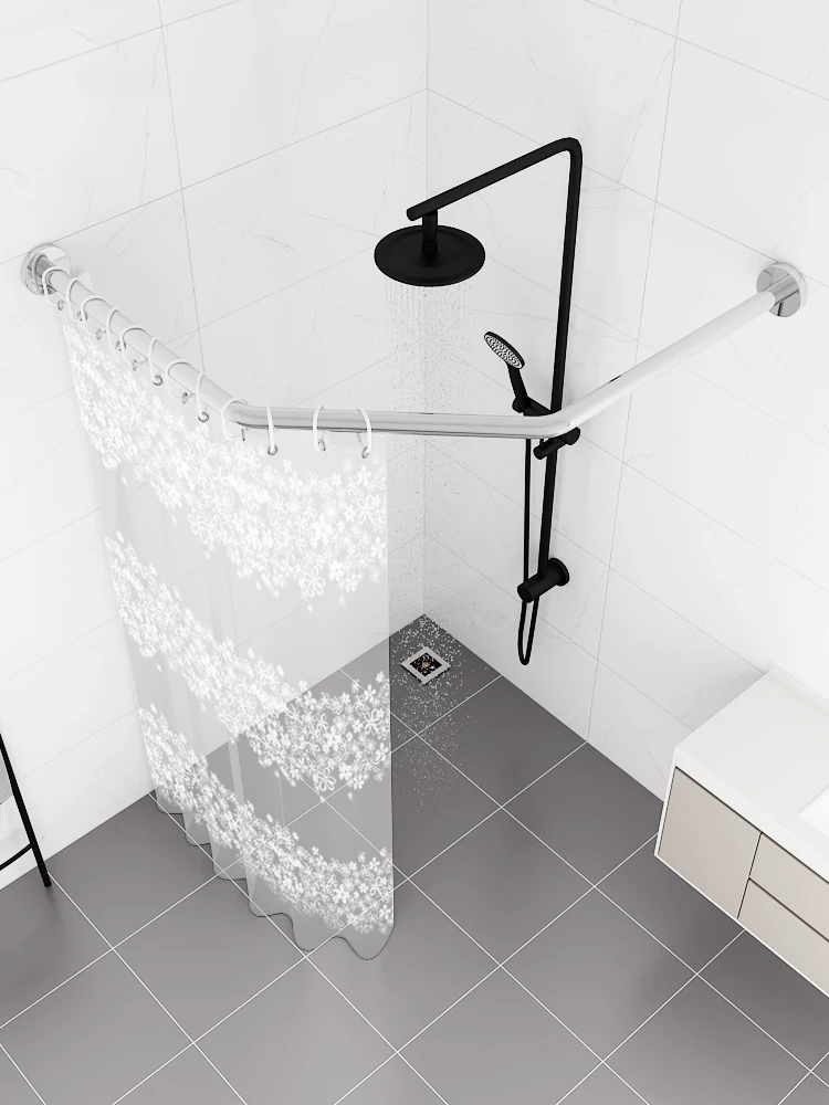 

Waterproof Diamond Shaped Sliding Shower Curtain U-Shaped Bathroom Expandable Rod Shower Tent Non-Slip Bath Curtain Holder