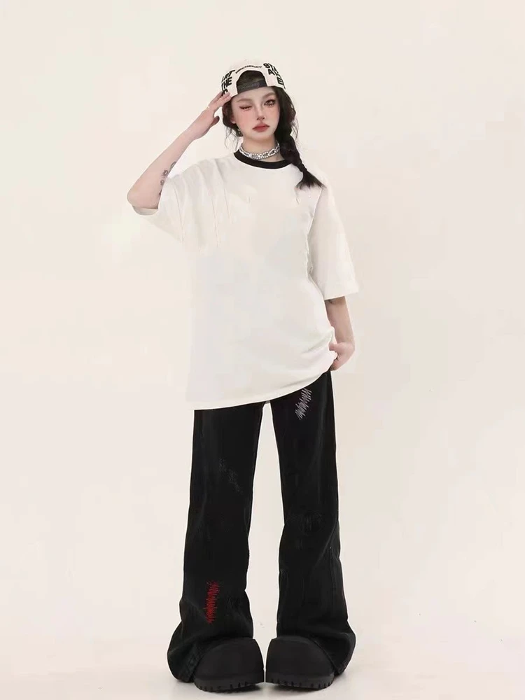 Dames retro borduurwerk ontwerp unisex micro uitlopende jeans streetwear hoog getailleerde cowboybroek casual Y2K rechte denim broek