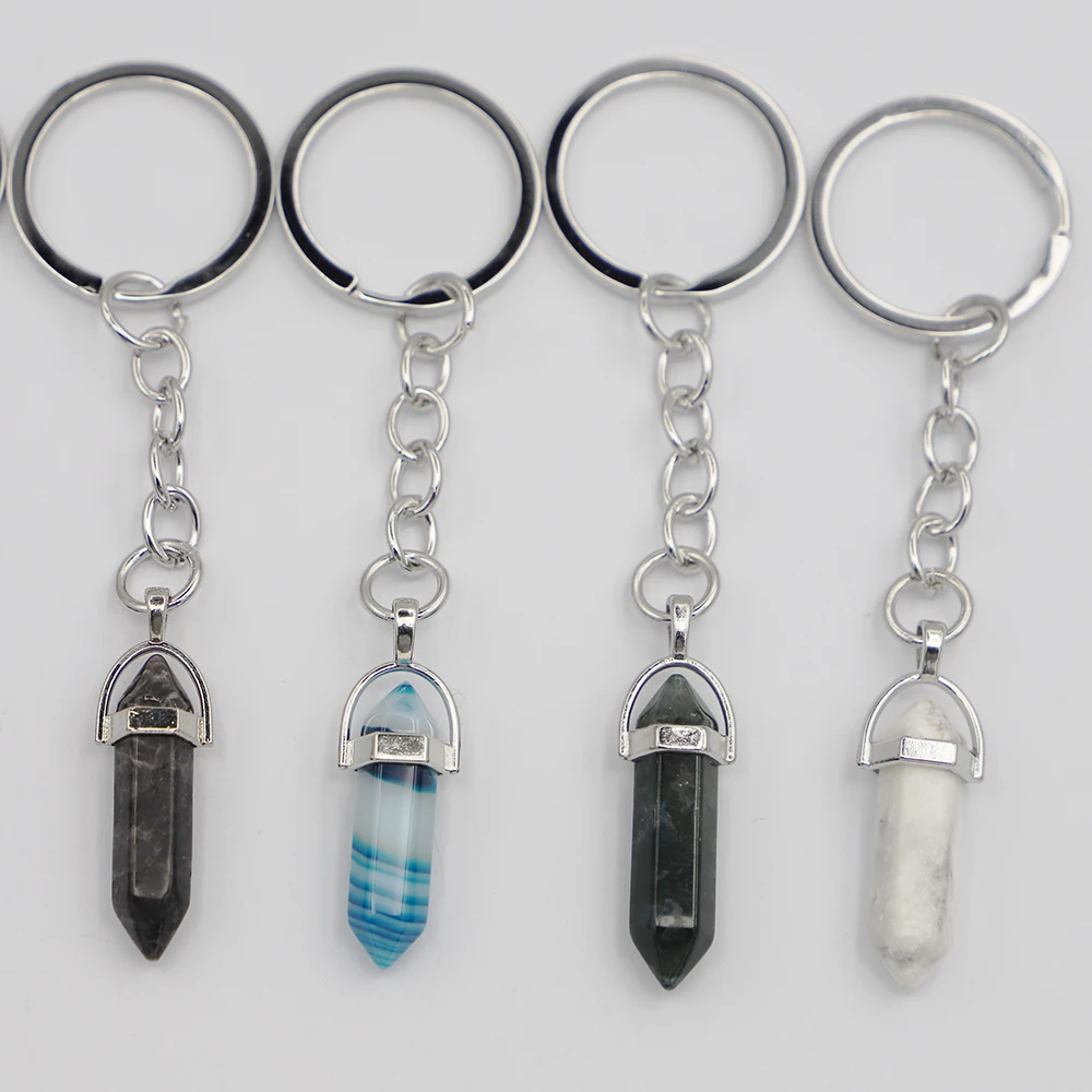 1Pc Trendy Hexagonal Column Shape Crystal Opal Natural Stone Pendant Keychain Accessories For Women Men Gift