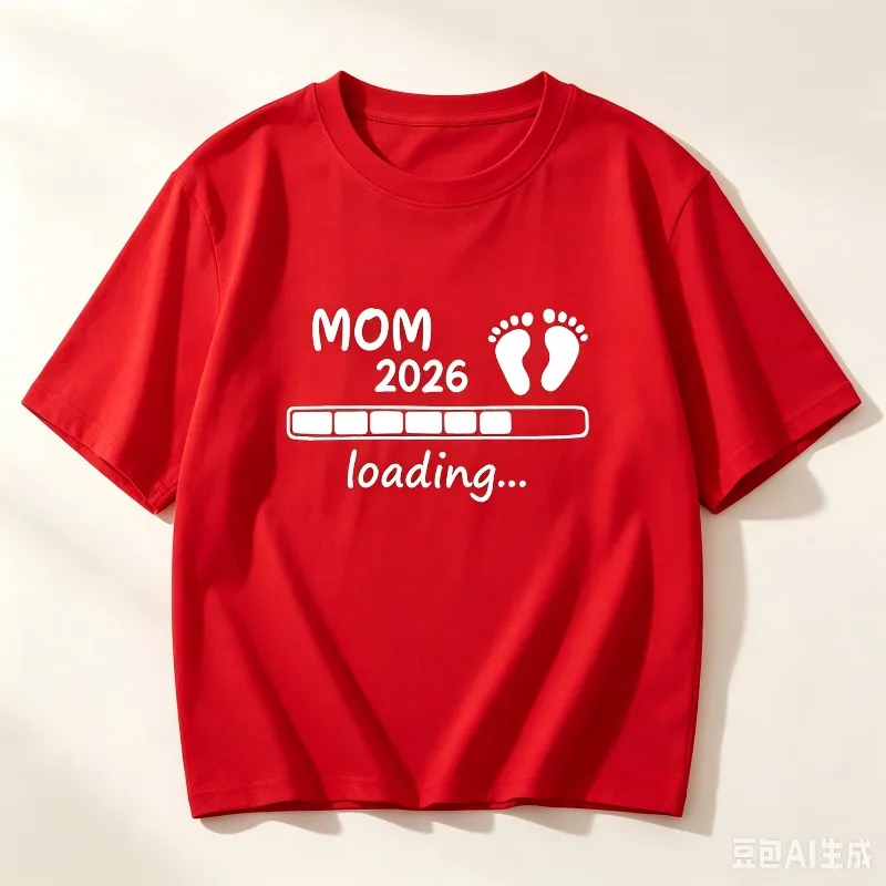 Pure Cotton Women T-Shirt MOM 2026 Loading Baby Footprint Print O-neck Short Sleeve Funny Pregnancy Announcement Tee