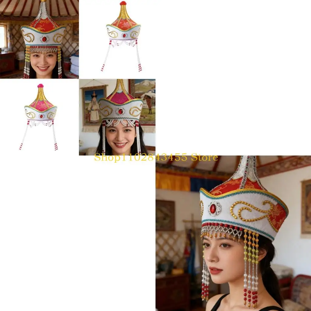 49MC Ethnic Mongolian Folk Art Hat Embroidery Costume Hat For Stage Performers And Collectors Stage Performers Headpiece