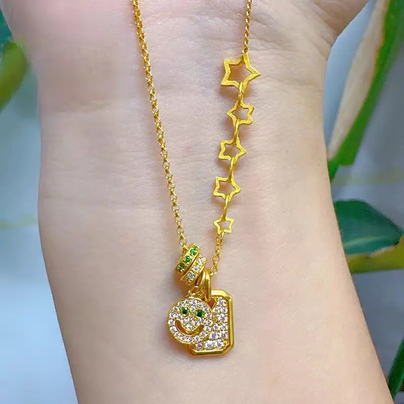 

Women's Smiling Face Necklace 9999 24K Real Gold High-end Light Luxury Fashionable Pendant Micro Inlaid Collarbone Chain