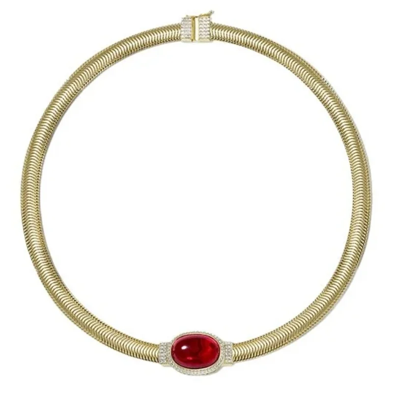 Bellux European and American Vintage Fashion Jewelry S925 Silver Oval Red Corundum Ruby Necklace Torques