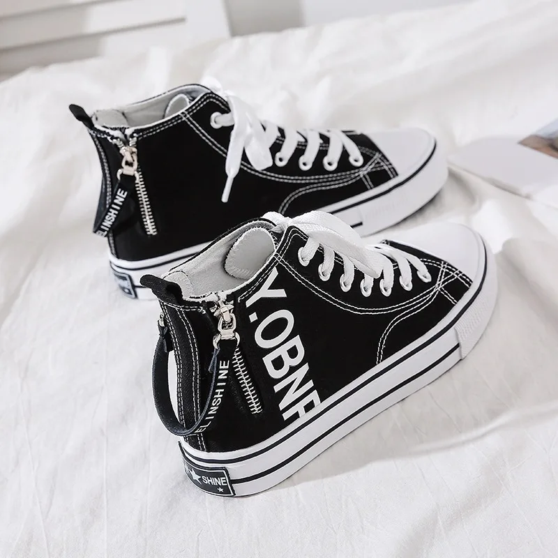

New Fashion Canvas Sneakers High Top Zipper Shoe Comfort Flat Sole Walking Sports Shoes Casual Lace Up Printed Non-slip Sneakers