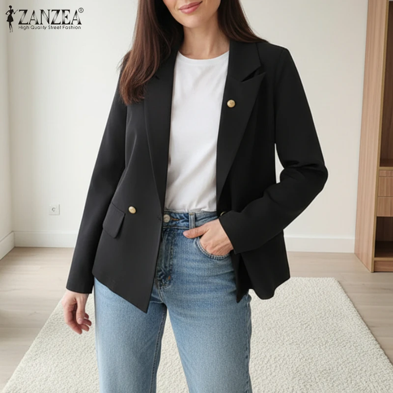 

ZANZEA Elegant Office Lightweight Blazer Woman Peak Lapel Long Sleeve Double-Breasted Solid Color Jackets Spring Women's Coat