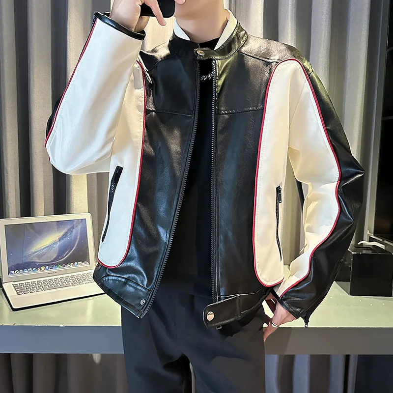 

Autumn Winter Splicing Casual Motorcycle Leather Jacket Men's Washed PU Leather Jacket Trendy Social Streetwear Men Clothing