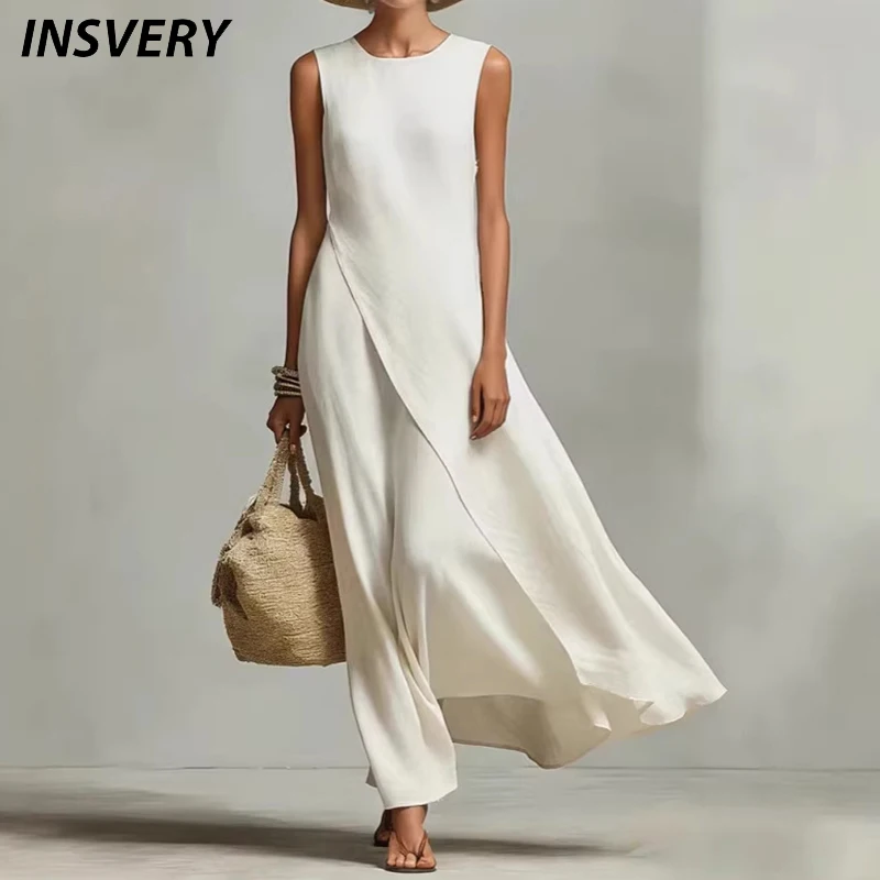 Sommer-Maxikleider für Damen, lässig, O-Ausschnitt, ärmellos, lockerer asymmetrischer Saum, langes Kleid, elegantes Strand- und Urlaubskleid für Damen