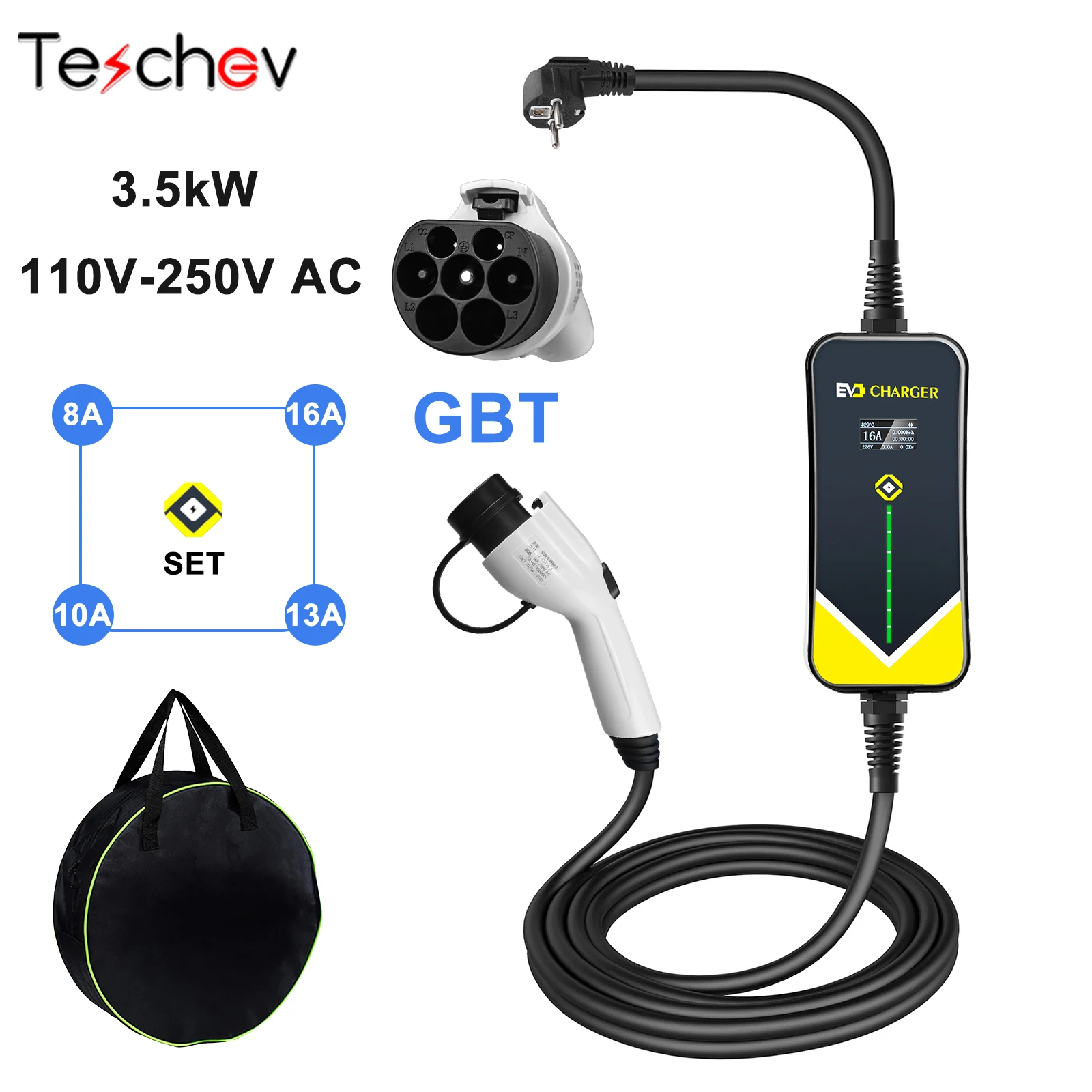 Teschev 110V 230V GBT EV Charger Electric Vehicle Charger Level 2 EVSE Charging Cable Wallbox Type 2 16A Car Charger