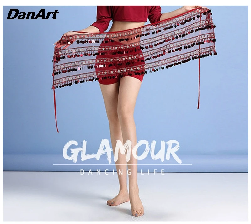 Belly Dance Hip Scarf Women Sequins Tasse Hip Skirt Indian Dance Lady Stage Performance Practice Costume Girl Wrap Hip Scarf