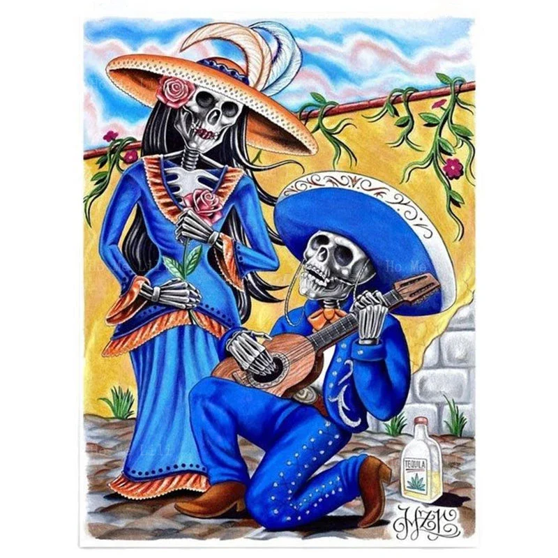 Day Of The Dead Skulls Mexican Mariachi Poster Folklorico Dancer Latin American Skeleton Couple Canvas Wall Art For Home Decor