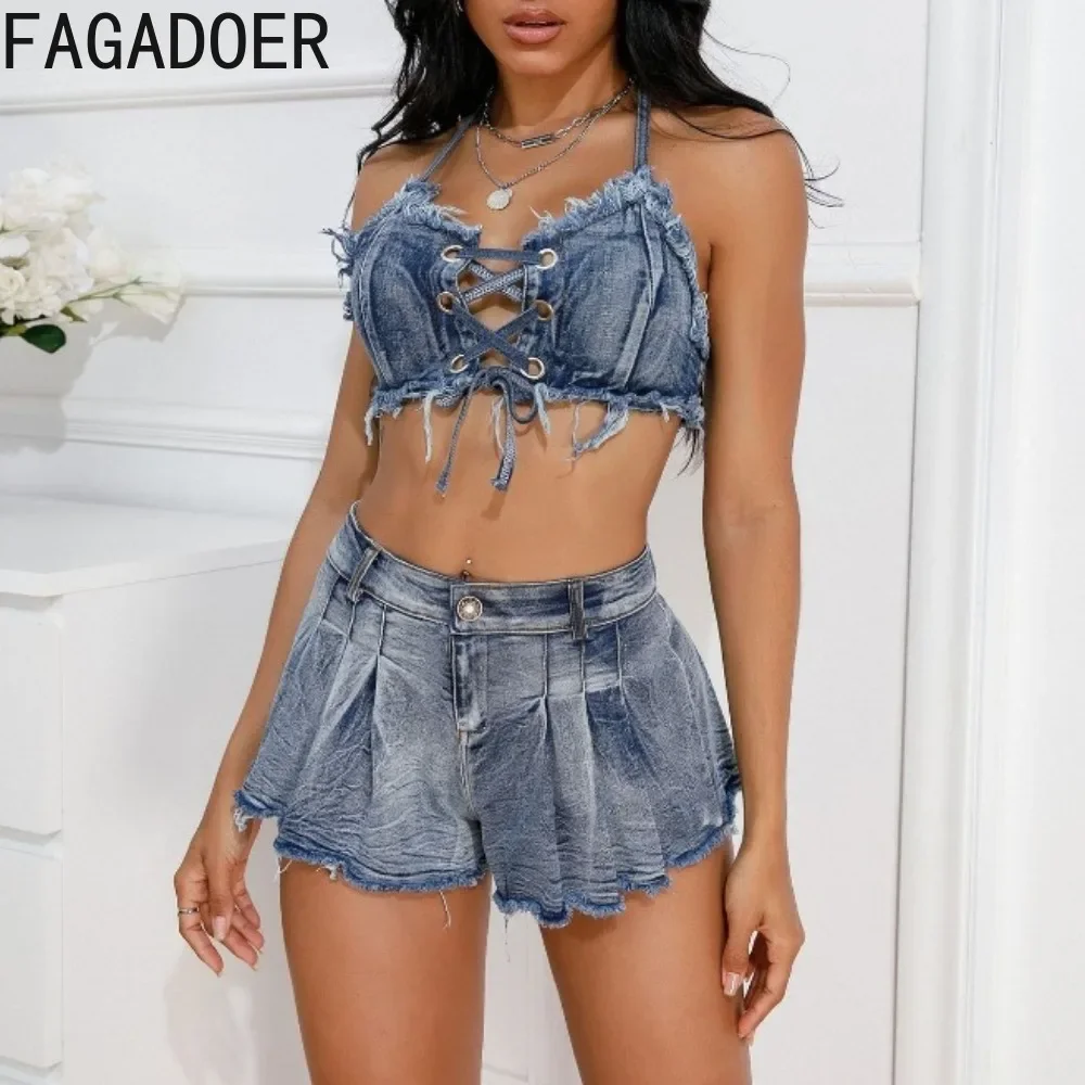 FAGADOER Denim Fashion Hollow Pleated Shorts Two Piece Sets For Women Halter Lace Up Slim Crop Top And Shorts Jean Outfits 2024