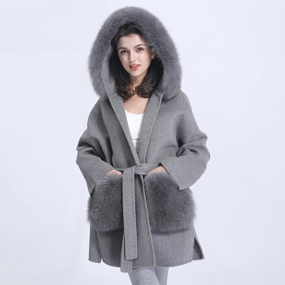 

Hooded Wool Coat With Big Fox Fur Collar Women Oversize Cashmere Belted Trench Coat