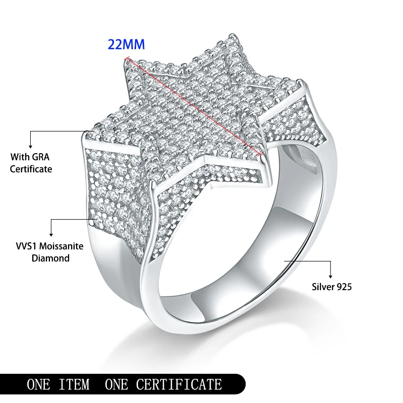 แหวนเงินแท้ S925 ประดับโมอิสซาไนต์ทรงหกเหลี่ยม สไตล์ฮิปฮอป เครื่องประดับแฟชั่นสำหรับทุกเพศ