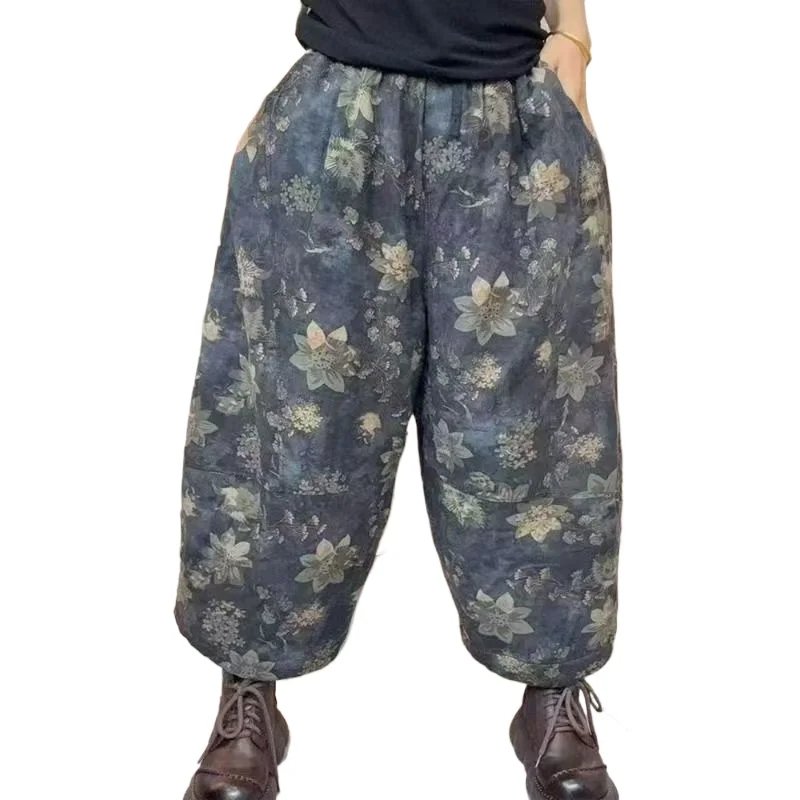 New Winter Printed Cotton Pants Cotton for Warmth Retro and Artistic Loose and Large-sized Harem Pants Casual Women's Keep Warm