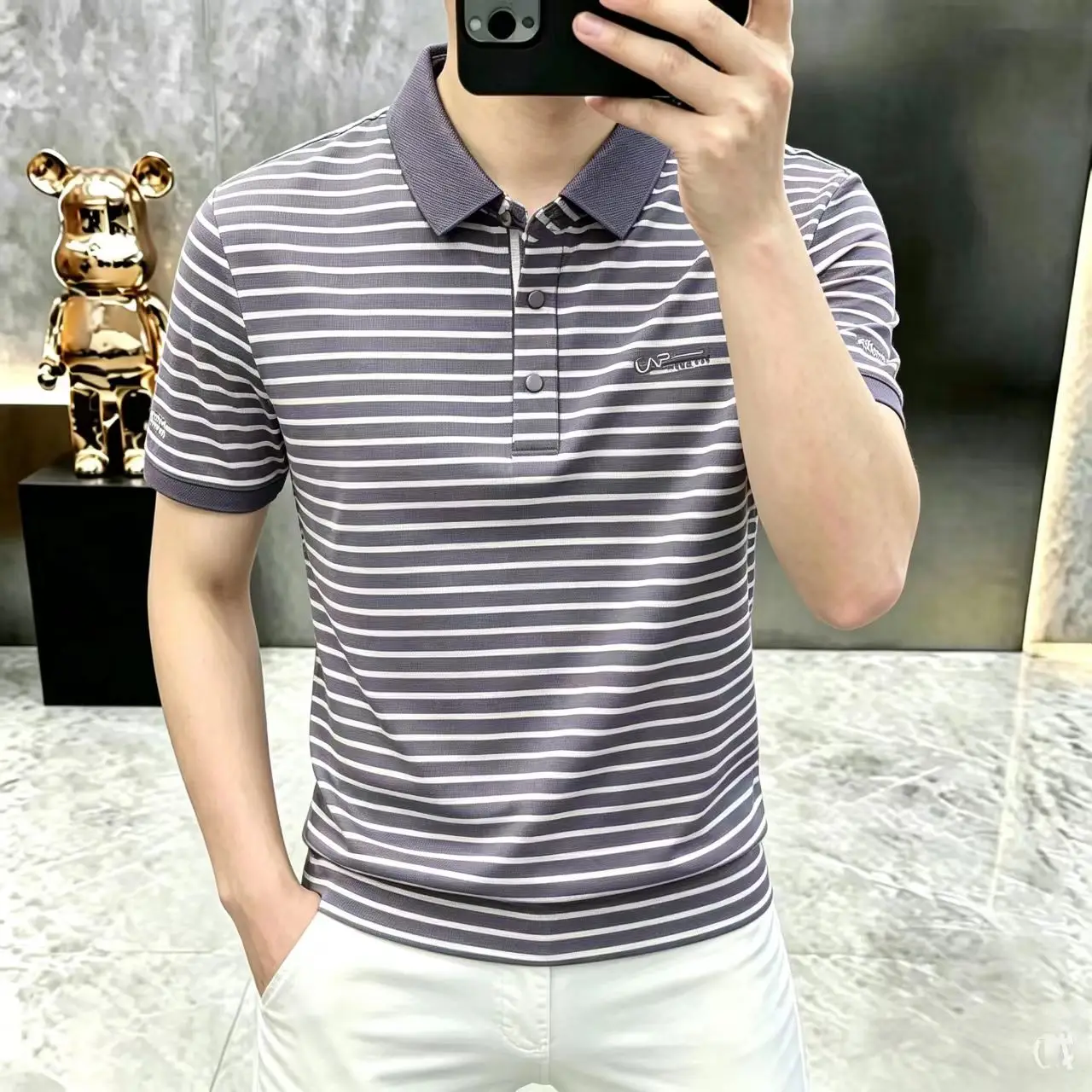 Summer Men's New Style Anti-Static Silk-Feeling Striped Fashion Casual Polo Shirt Collar