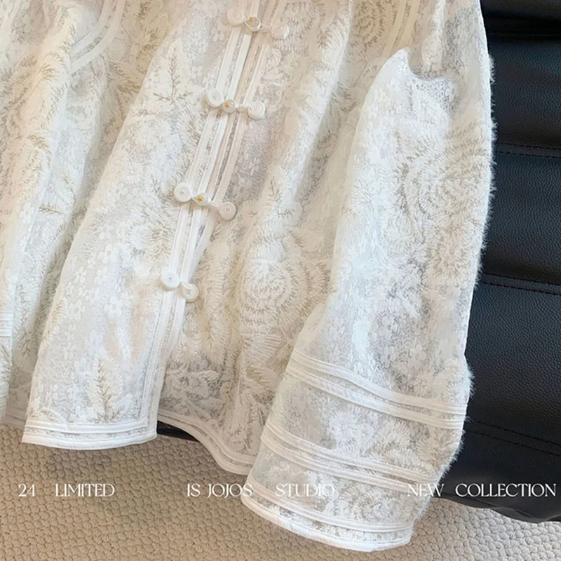 Spitze Ausschnitt Bluse Frauen Weiß O Hals Langarm Jacquard Hemd Harajuku Y2K Lose Leichte Sheer Pendler Top