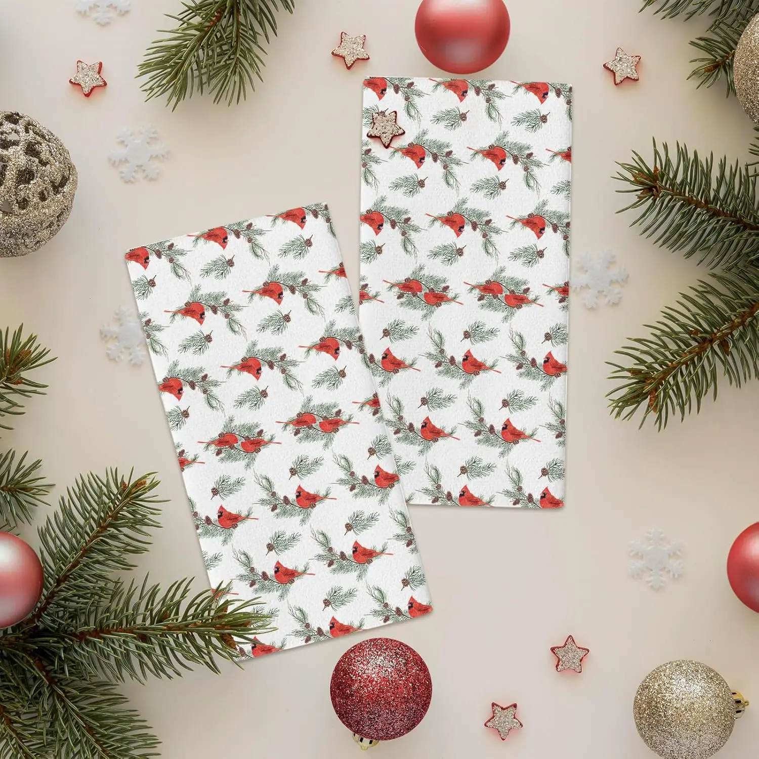 Christmas Cardinal Bird Pine Cones Kitchen Dish Tea Towels Cleaning Supplies Quick Drying Bar Hand Dishcloths Xmas Decorations
