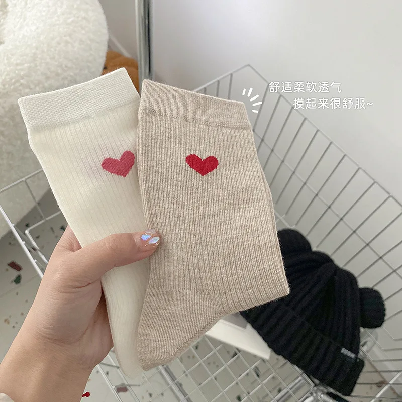 Socks Women Spring Summer Thin Female Love Heart Print Cotton Socks For Girls Gift Cute Kawaii Black White Sox Street Fashion