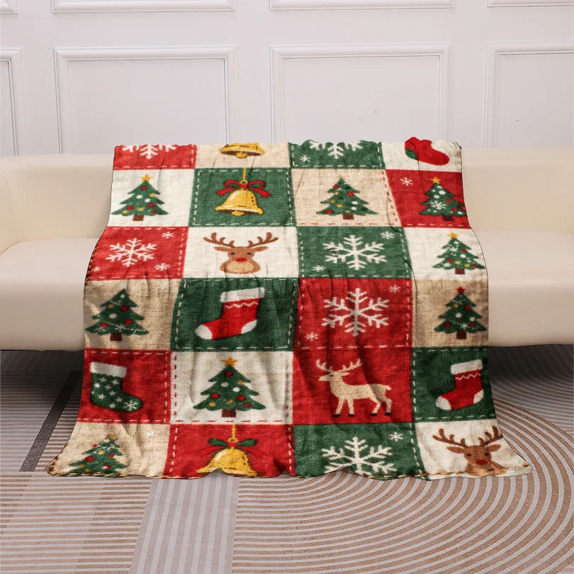 1pc Fluffy Throw Blanket, 2D Flat Christmas Patchwork Tree Reindeer Bell Sock Snowflake Print, Warm Blanket for Sofa Bedroom