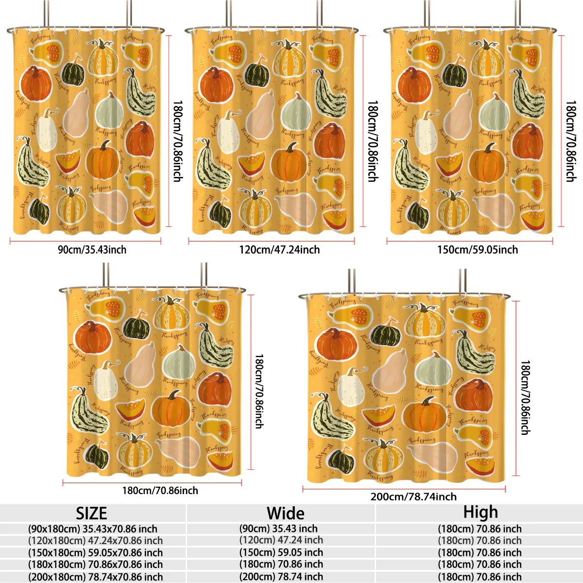 Fall Harvest Thanksgiving‑themed Shower Curtain Polyester Digital Printed Assorted Pumpkins, Squash And Gourd Stickers