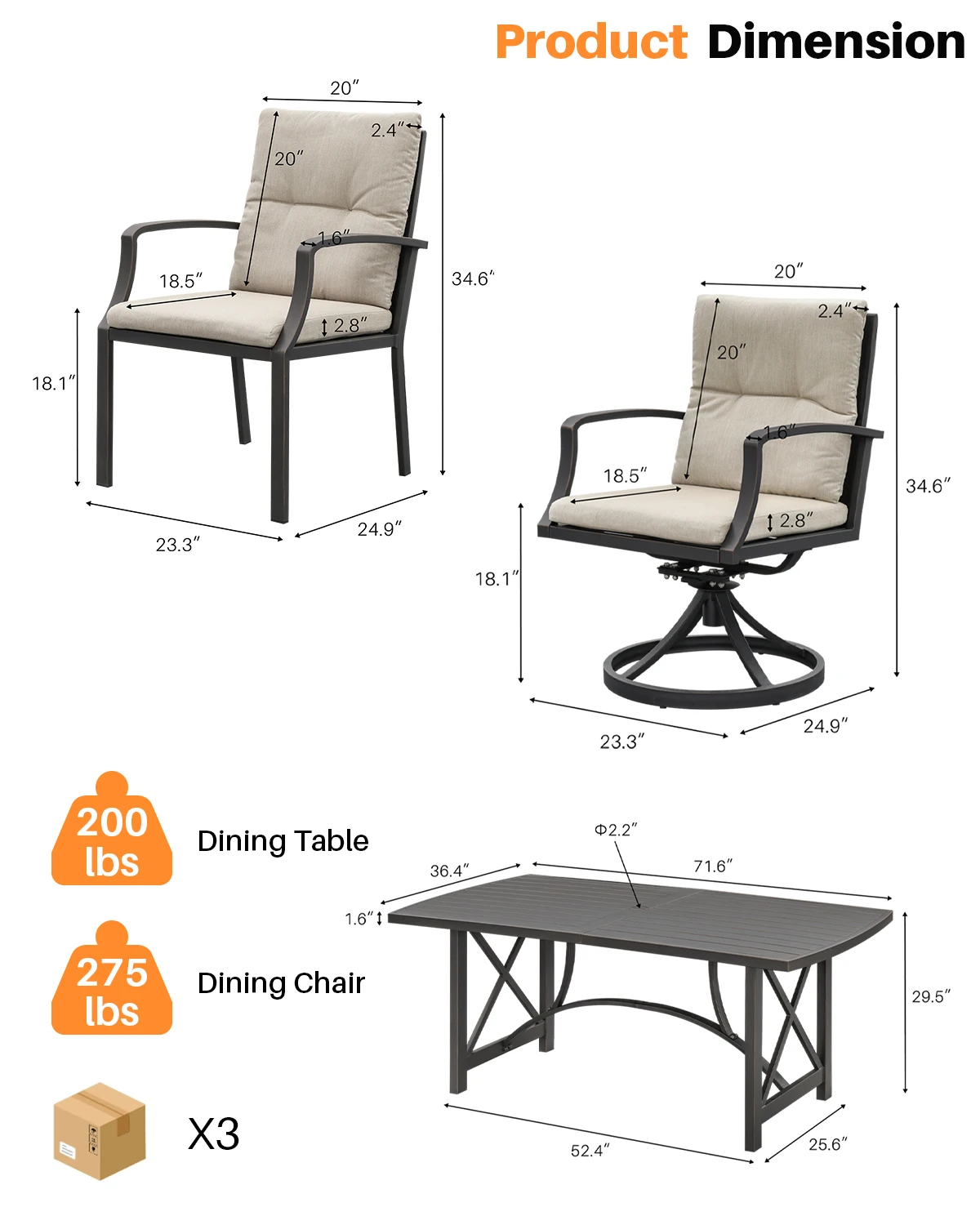 طقم طعام مريح فاخر مكون من 7 قطع مع وسائد قابلة للإزالة، سهل التجميع، شحن أمريكي مجاني للأثاث المنزلي الخارجي