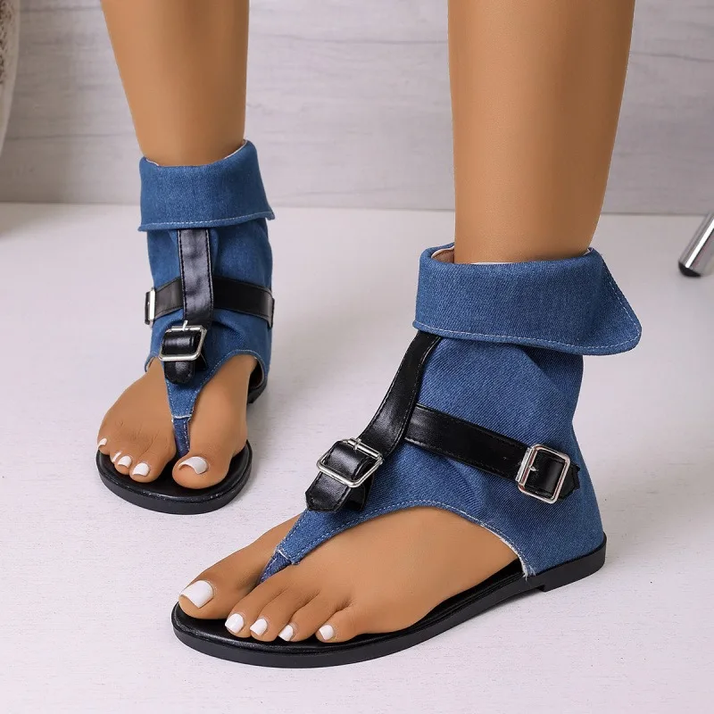 

Women's Cool Boots Summer Open-toe Clip Toe Flat Sandal Belt Buckle Designer Roman Sandals Breathable Canvas Herringbone Sandals